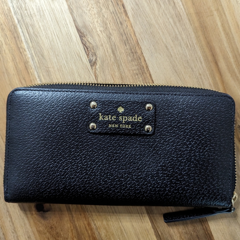 Kate Spade Black Leather Zip Wallet with Pink Interior